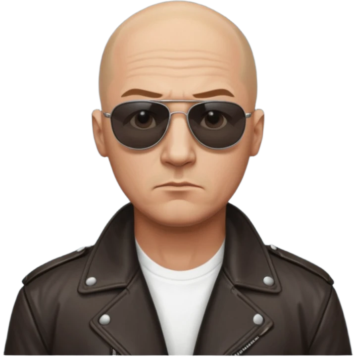 Bald Russian 1990s gangster emoji, leather jacket, , serious face emoji