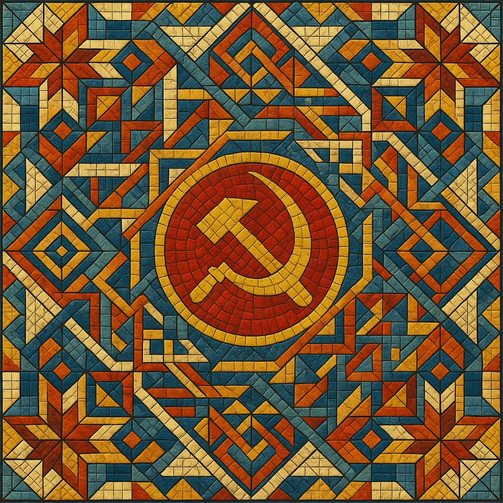 Soviet mosaic pattern in the style of Kerama Marazzi ceramic tiles, intricate geometric shapes, vibrant colors emoji
