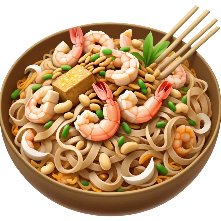 Cinematic Realistic Pad Thai Dish Emoji, depicted as stir-fried rice noodles with shrimp, tofu, peanuts, and bean sprouts rendered with vibrant textures and dynamic, appetizing lighting. emoji