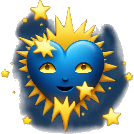 Dark blue heart with yellow suns and moons with a gold glow around it  emoji