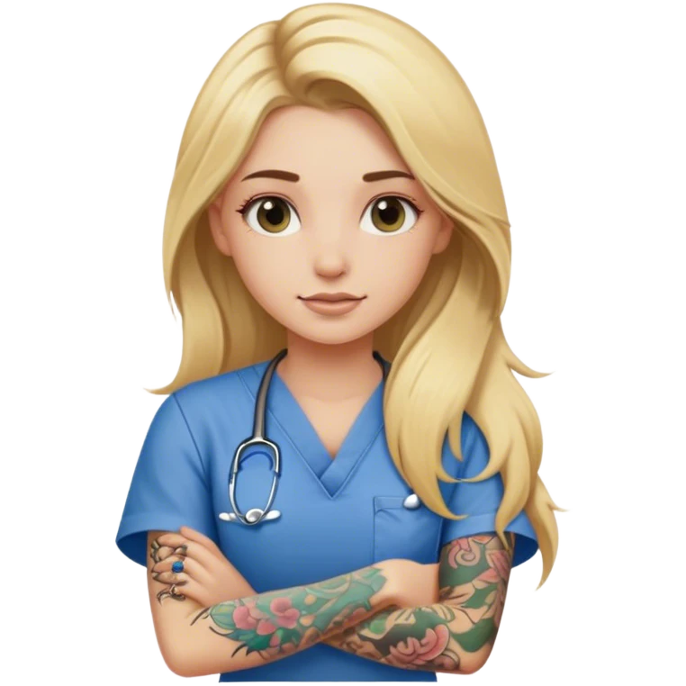 blonde girl with long hair and arm tattoos in scrubs emoji