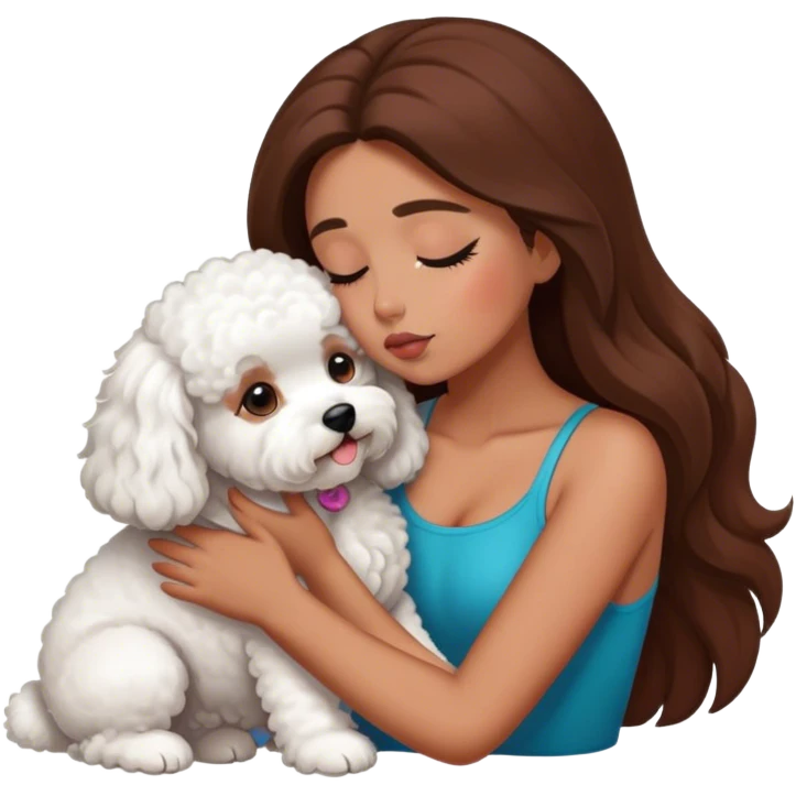 Tanned girl with long brown hair kissing a bichon emoji