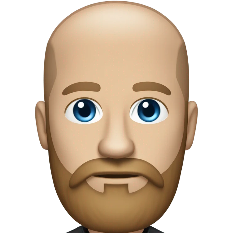 Bald, Caucasian, sky-blue-eyed, Psychotherapist in a modern colorful chair. He has a brown full beard and he’s Wearing a black dress shirt with a subtle pattern, blue jeans and black Chelsea boots with his legs separted leaning forward grey in goatee emoji