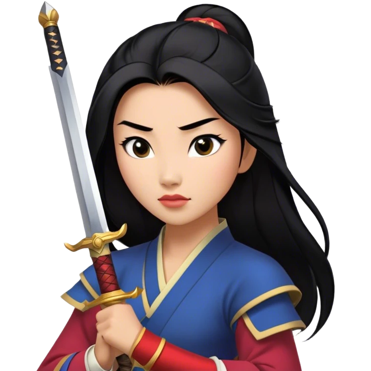 Cinematic Realistic Mulan Portrait, depicted with lifelike skin texture, soft natural lighting, and intricately detailed long black hair styled elegantly. Her deep, expressive eyes exude determination and grace, complemented by a serene yet confident expression. She stands with one hand resting on the hilt of her sword, the other by her side, exuding strength and poise. She is dressed in her classic attire, with rich fabric textures and delicate folds that catch the light beautifully. The portrait features a soft, enchanting glow with a natural, radiant finish, capturing the essence of timeless strength and beauty in a realistic and painterly style, evoking a sense of depth and authenticity. emoji