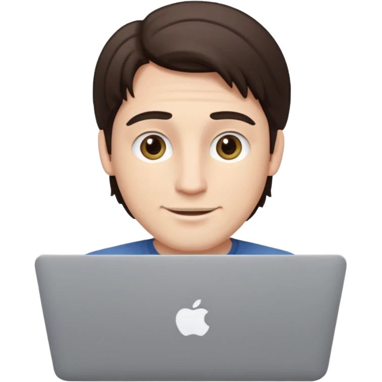 A white brunette man in his mid 20s, middle part average dude with slightly droopy eyes, happy, using a MacBook (no logo), hero for an iOS developers website emoji