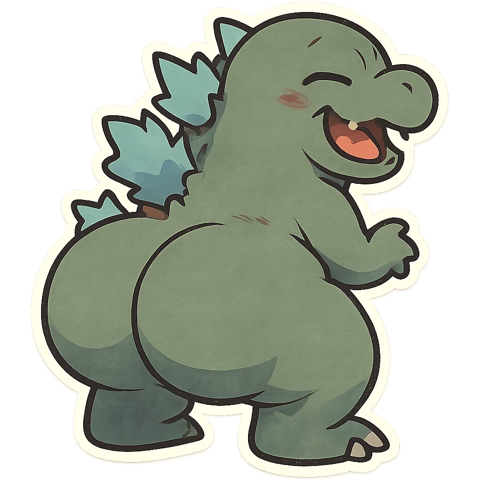 Godzilla with a huge, exaggerated rear, humorous and cartoonish style, playful and funny, lighthearted and silly, fun and whimsical emoji