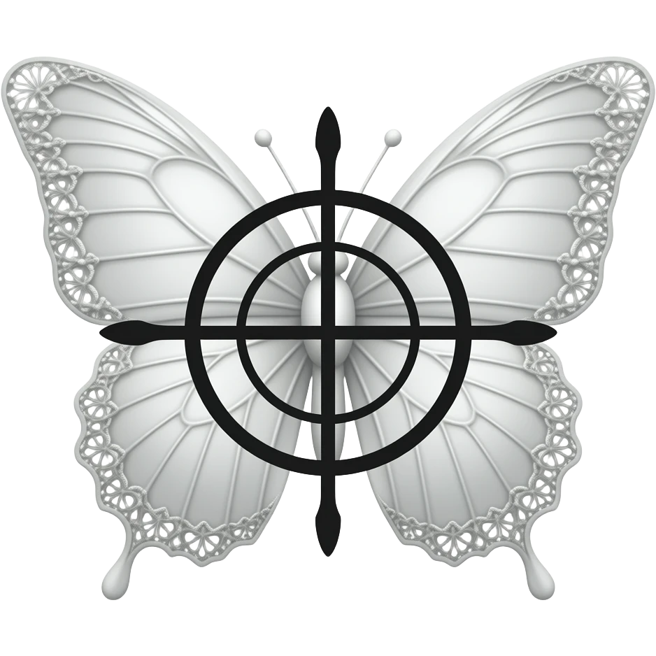 subtle elegant white butterfly, 3D emoji gothic butterfly, white velvet, white filigree, white lace trim, medium black sniper crosshair overlay emoji