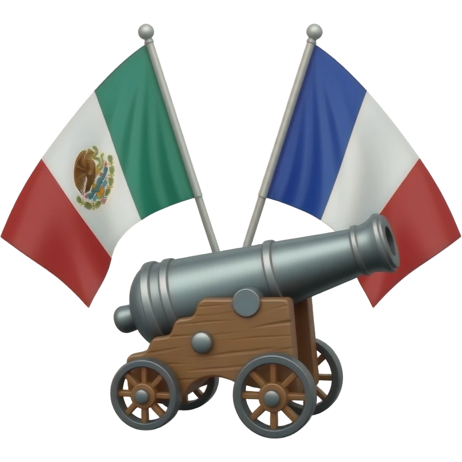 bandera de mexico y bandera de francia con un cañon en medio, el cañon de perfil emoji