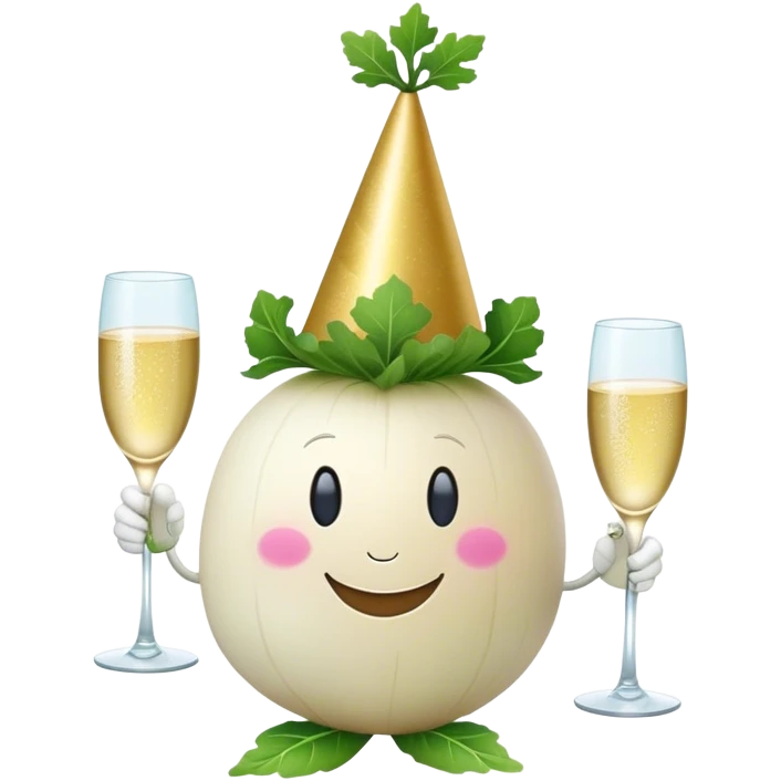white turnip with smiling face and leafy stalk partying emoji