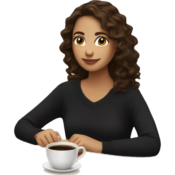 Brunette girl with wavy hair wearing black sweater with opened shoulders sitting with cup of coffee emoji