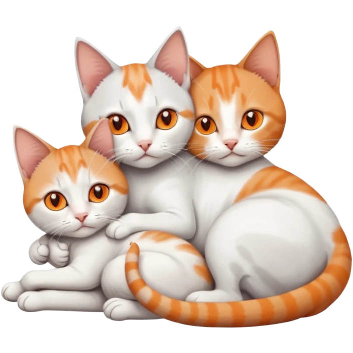 full body of a grey and white cat cuddling a very small + skinny ginger and white kitten with deep orange eyes and triangular shaped face lying down emoji
