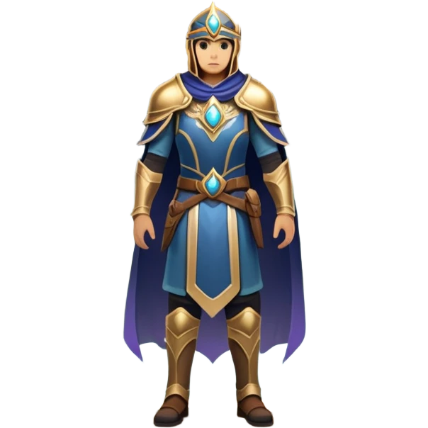 An icon featuring a hero with a closed visor, standing in a majestic, mystical landscape, inspired by RPGs like Elden Ring. The design includes a stunning, ethereal background with towering castles and distant mountains, symbolizing the adventure and mystery. Transparent background emoji