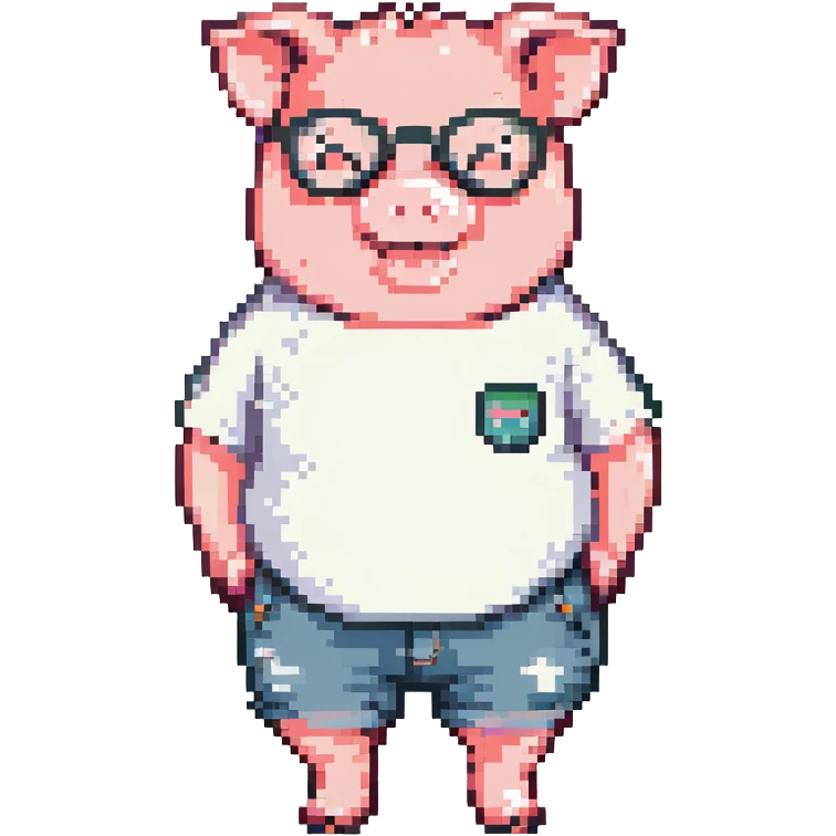 chubby baby pig wearing round glasses, colorful short-sleeve t-shirt, cute shorts, standing and smiling, pixel art emoji style, 32x32, bright and cheerful colors, kawaii style emoji