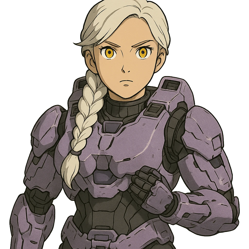 female, wearing reach spartan armor default, long white braid hair, gold yellow eyes, attention pose, halo series, no helmet, the armor is lavender color scheme and has no shoulder pad attachments. DDD bust size fitting. Punk gothic cyberpunk emoji