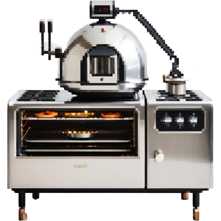 A robotic baker with stainless steel limbs, built-in mixers, and a retro-futuristic oven. The environment is industrial-chic: brushed metal surfaces, LED panels, and mechanical arms. UI mimics control panels with toggle switches, rivets, and analog dials. emoji