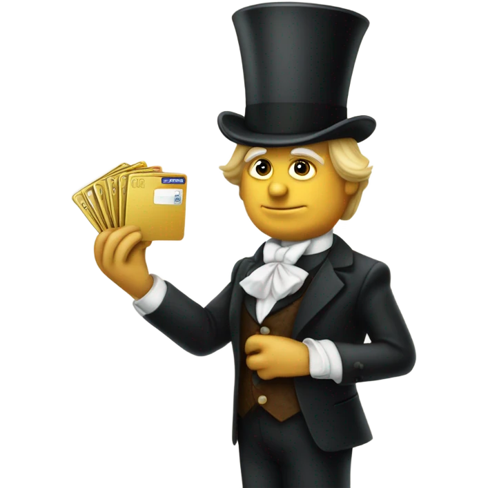 trump waiter Victorian dress elegant full body, holding big credit card emoji