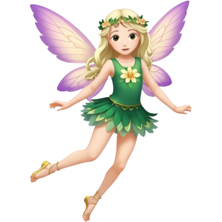 A winged flower fairy white skin girl, wearing a short skirt, one leg straight and the other bent, her body tilted, in a flying pose. emoji
