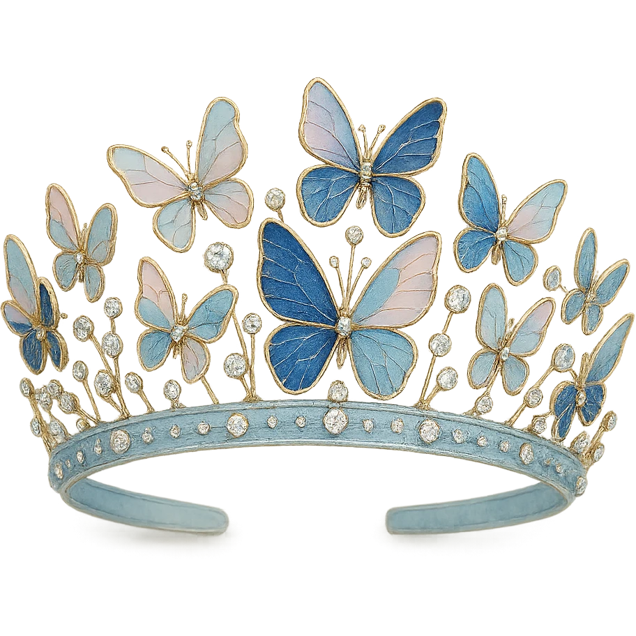 butterfly crown with a baby blue base, butterflies in pastel and deep blue enamel, sparkling gems emoji