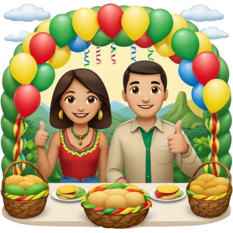 party table decorated with green red and  yellow colors, including a backdrops, balloons arch, streamers and more. On the table are intricate displays of colombian arepas, and baskets of money. In the forefront is a woman and man in simple clothing, big smiles and big thumbs up emoji