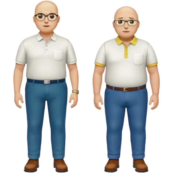 two guys, the first guy is white bald have glases a white dressshirt with rolled up sleeves and green pants he is over weight, The second guy has a yellow skin tone white golf shirt blue jeans and bald they should stand next to eachother emoji