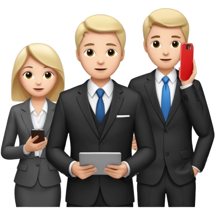Команда в костюмах из трёх человек. на переднем палне Мужчина впереди общается по смартфону, дальше женщина слева стоит с ноубуком, мужчина справа держит бумаги emoji