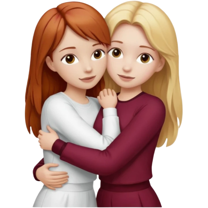 two girls who hug eachother. one has auburn hair with blonde highlights and very pale skin and is wearing white outfit, other has medium-fair skin and blonde hair and is wearing a burgundy outfit emoji