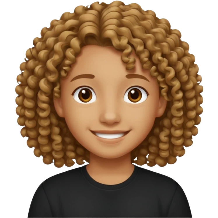 Un adolecente con camisa negra, pelo rizo pelo medio y de color canela sonriendo emoji