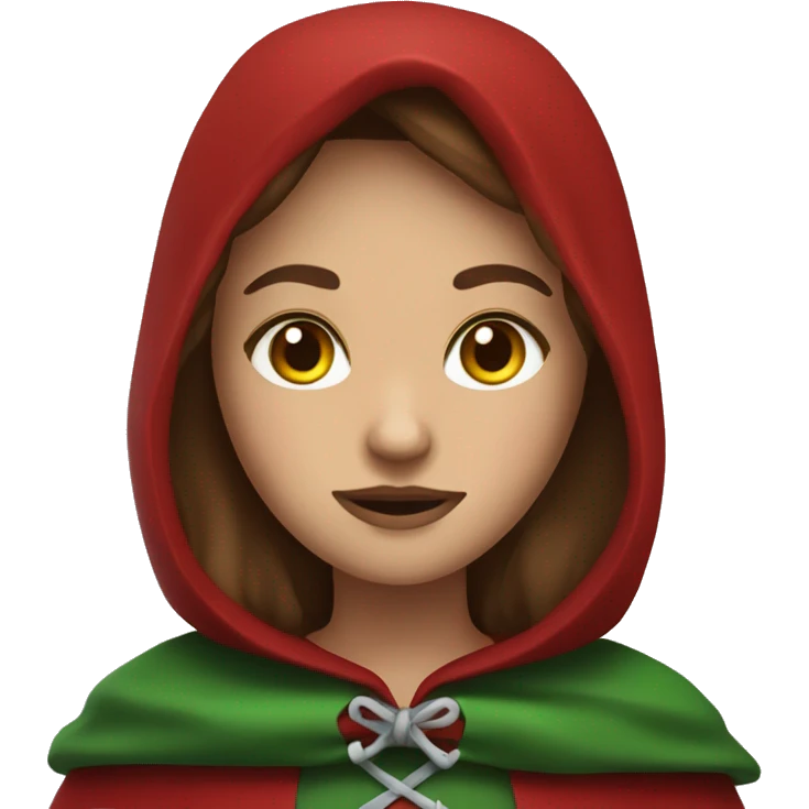 Red Riding Hood based on my own emoji with brown hair, a red hood and very green eyes and long dark eyelashes  emoji