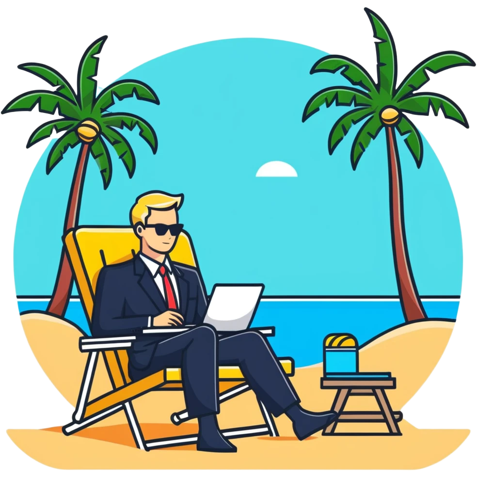 blonde man in business suit sitting on beach chair, vacation setting with palm trees emoji