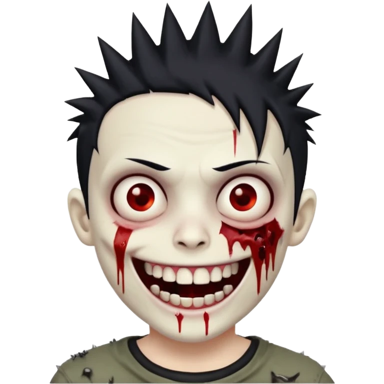 zombie boy with emo spiky hair, white skin, and white eyes; an open smile, and bloodied teeth; emoji