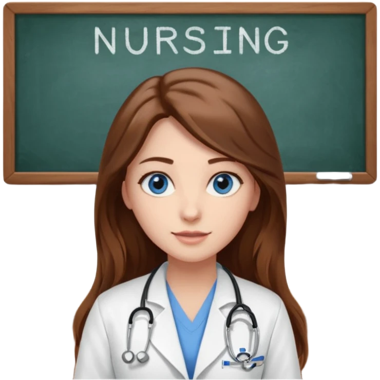 university classroom that says nursing school on the board with a pretty female nursing student with long brown hair, blue eyes emoji