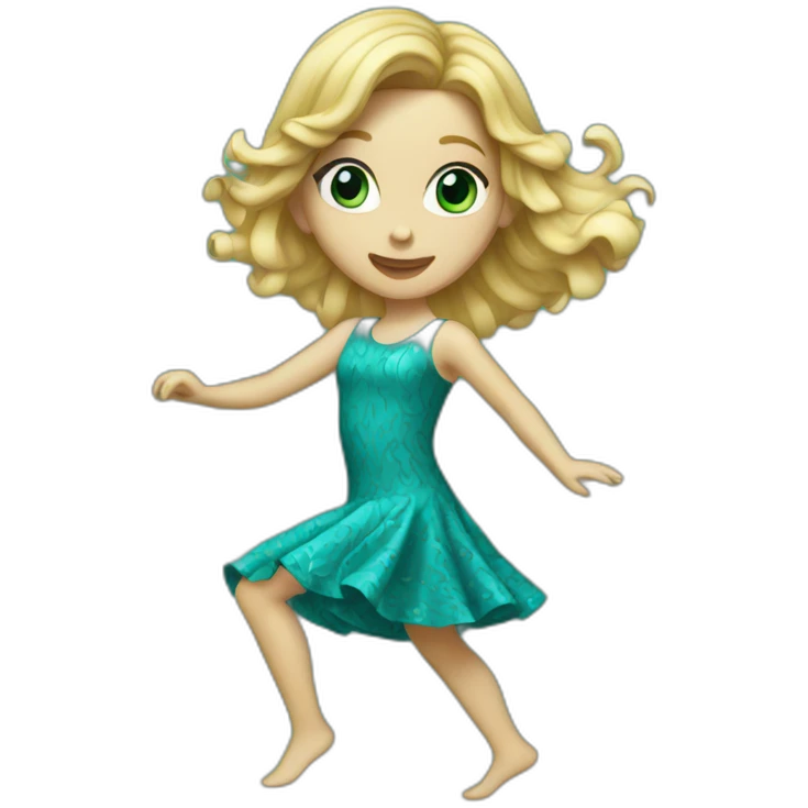 slim blonde wavy long hair girl dancing in teal pattern dress emoji