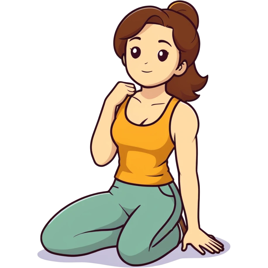  One Caucasian woman with brown hair, big boobs, wearing pants and a tank top, kneeling on the ground.  emoji