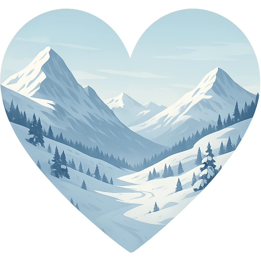 heart with a tranquil snowy mountain pass, clean digital illustration emoji