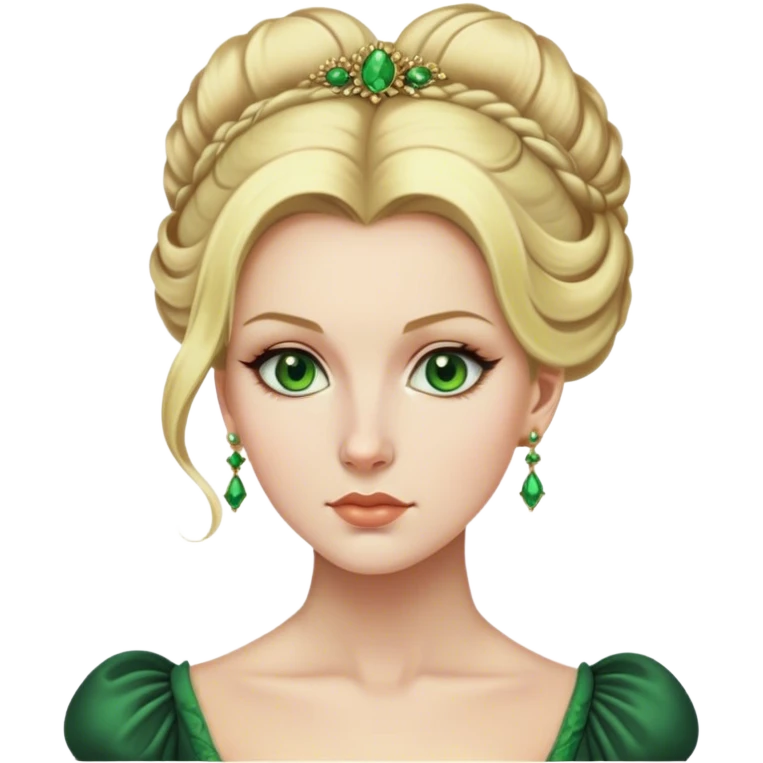 lady with Pale complexion, sharp features, high cheekbones, Blonde hair, green eyes, Regency-era elaborate updo emoji
