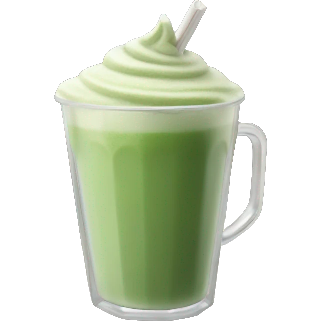 A frothy matcha latte in a clear glass cup with a straw emoji