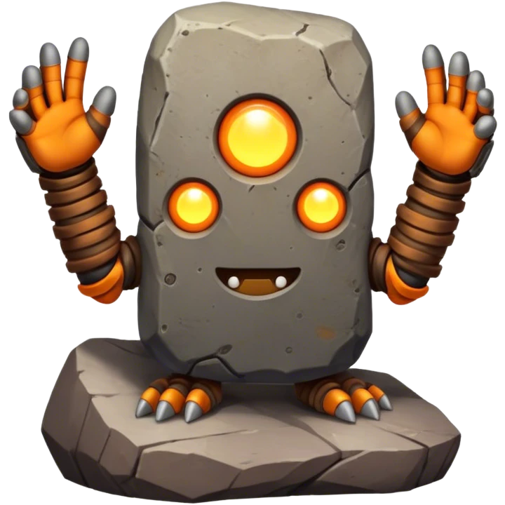 Rock creature with glowing dots and 'GM' behind, featuring a rugged gray and brown stone body, orange-brown arms, and six yellow glowing dots on its head, with large bold 'GM' letters in the background.

 emoji