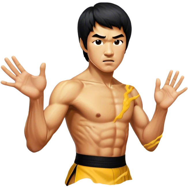 Cinematic Realistic Bruce Lee Portrait Emoji, depicted as a dynamic martial arts icon with an intense gaze and athletic physique caught in a fluid motion, rendered with vivid textures and energetic lighting that embodies his legendary prowess. emoji