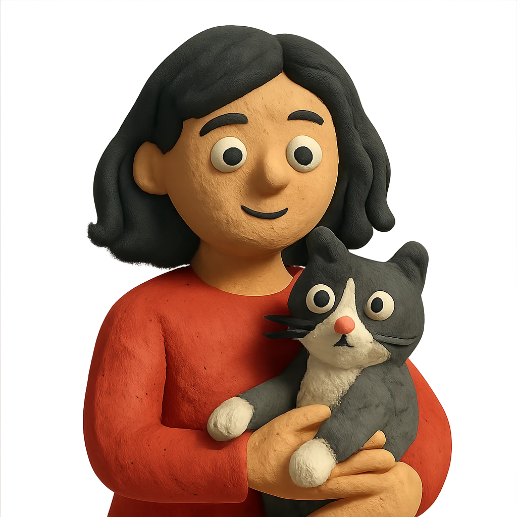 mulher de cabelo preto com gato frajola cinza em estilo claymation emoji