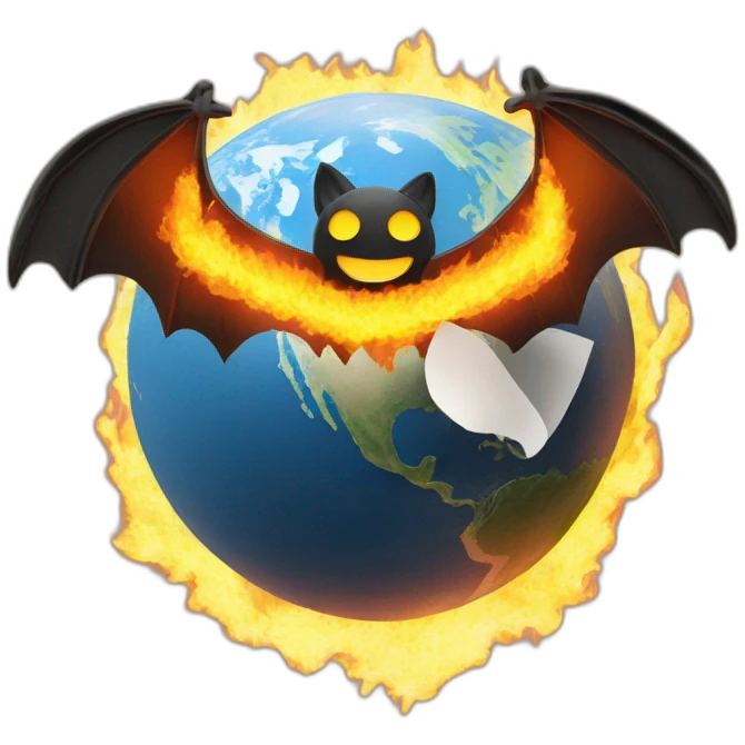 flat earth on fire with bat wings and paper clip emoji