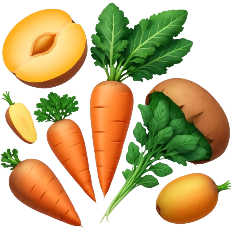 Plant sources of vitamin A (carotenoids): carrots, sweet potatoes, spinach, kale, mangoes, and apricots glowing with a soft orange-yellow light representing their provitamin A content that needs to be converted by the body. emoji