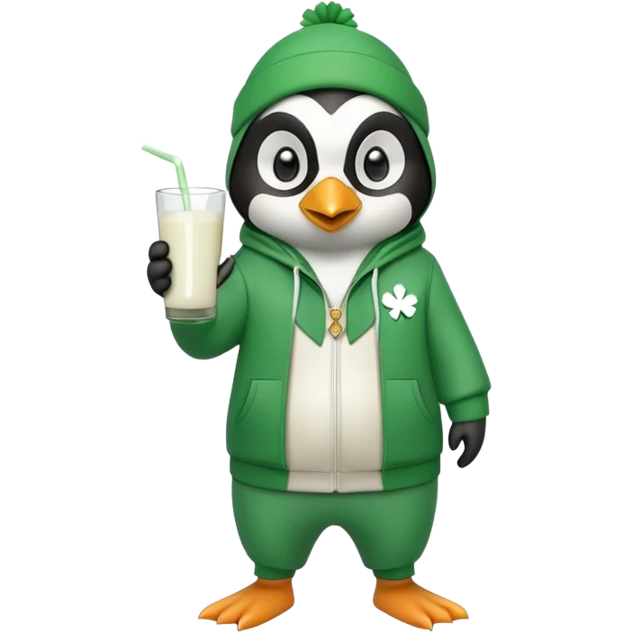 full body friendly anthropomorphised penguin wearing green mafia-style tracksuit, angry confident scheming stance, holding glass of milk, shamrock accessory emoji