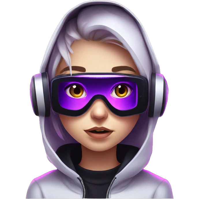 Russian girl wearing black hoody with violet letters "OMG", in vr headset. Cyberpunk style. Violet neon. emoji