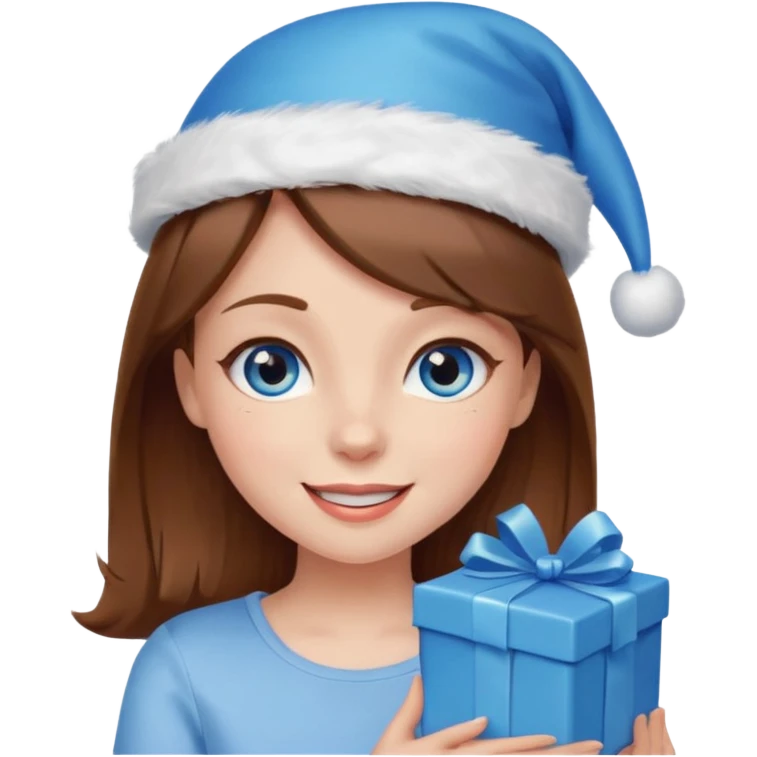 winking girl with brown hair and blue eyes, holding a present and wearing a birthday hat emoji