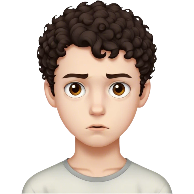 Teenage boy who has short dark brown curly hair with shaved sides, brown eyes, pale-ish skin, and has an unamused expression emoji
