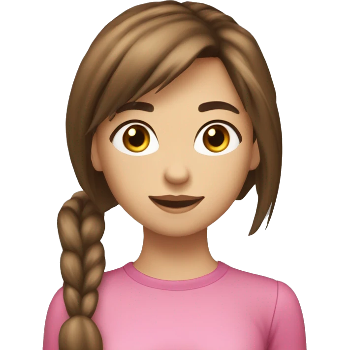 Fit girl medium hight brown eyes brown hair with bangs and a pony tail slim face ad long chin  emoji