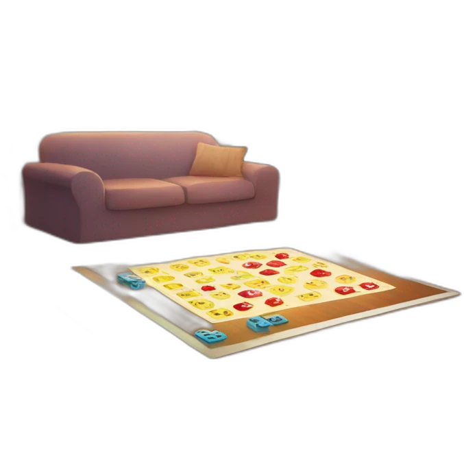 Illustrate a large, shiny die mid-roll, with numbers glowing as if with internal light, set on a game board in a cozy family room, adding a sense of excitement  emoji