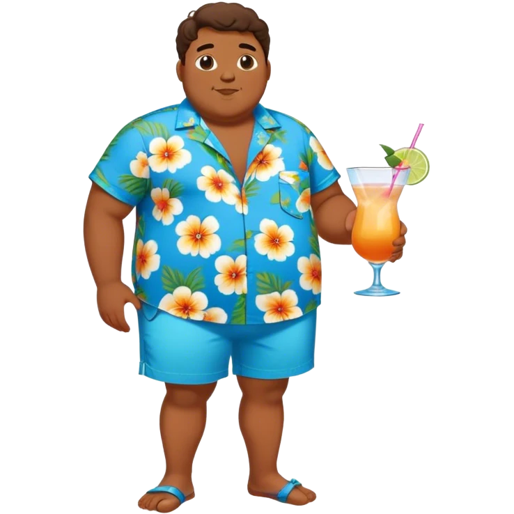 chubby guy full figure in a flowered azure havai shirt, brown shorts and flippers holding a cocktail emoji