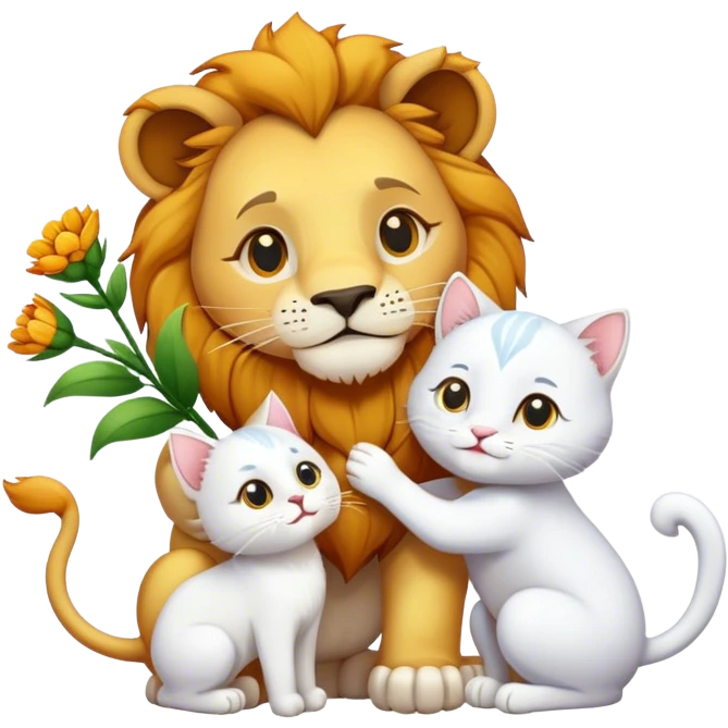 Lion give white cat flowers emoji
