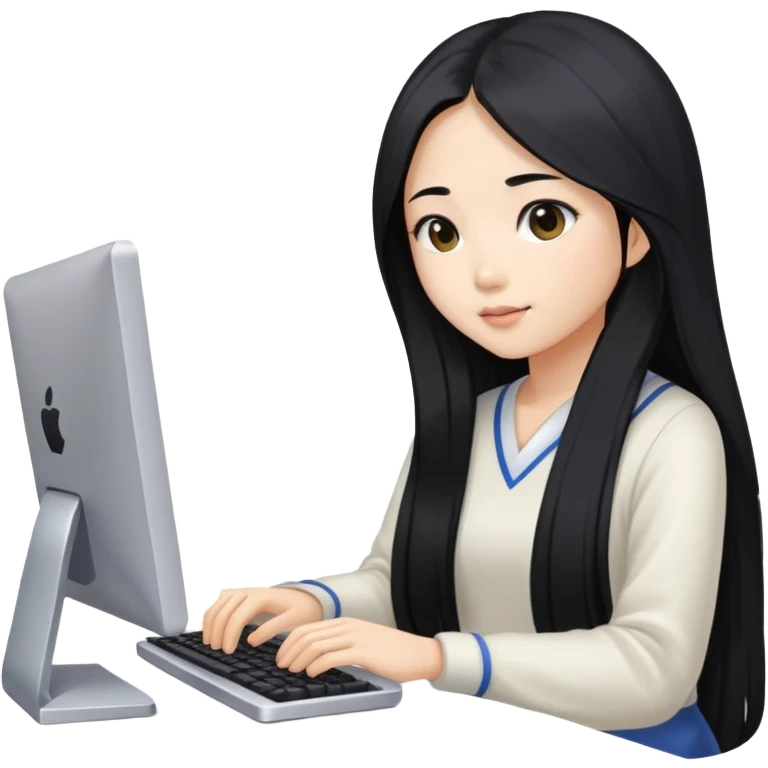asian girl with long black hair typing on computer emoji